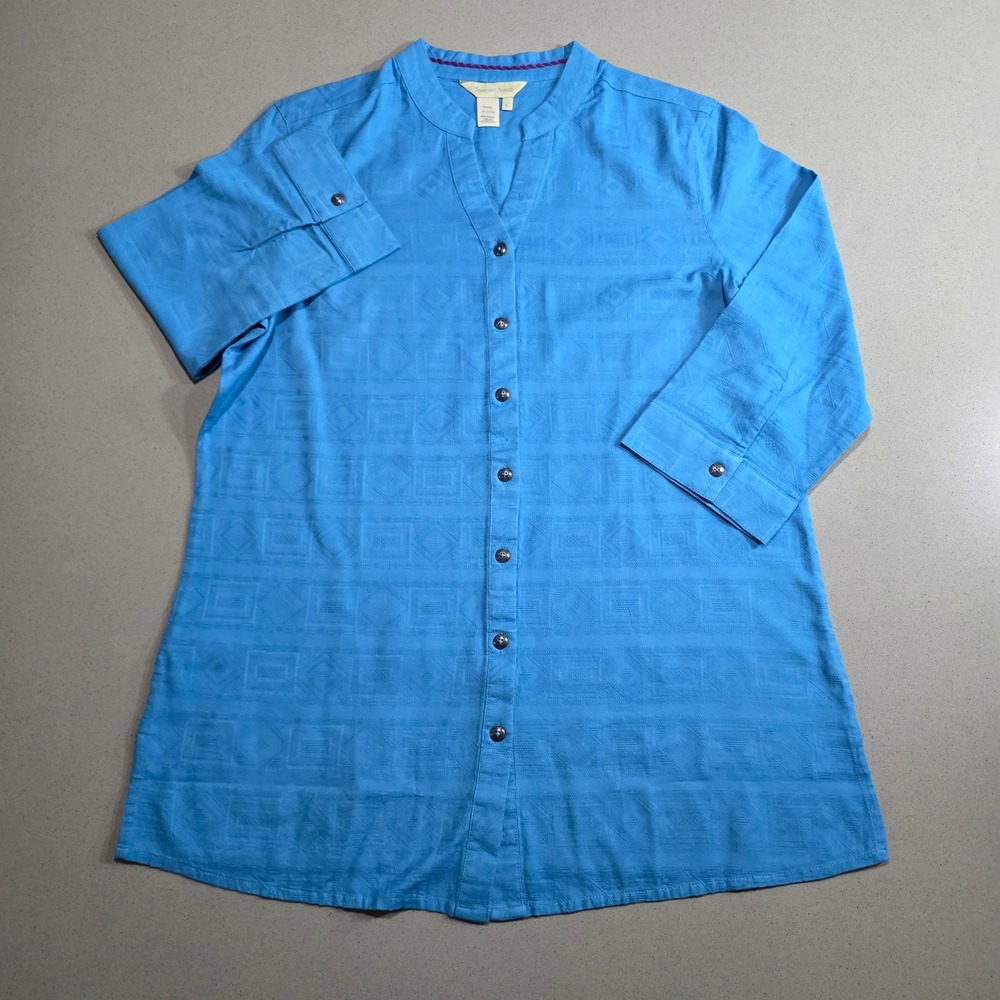 Territory Ahead Womens Large Blue Cotton Geometric Jacquard 3/4 Sleeve Tunic Top